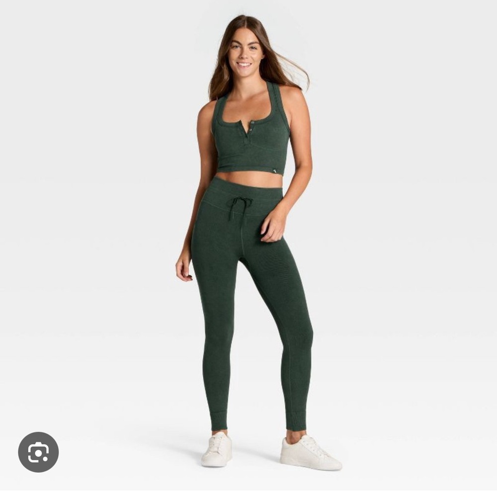 JoyLab Forest Green Ribbed High-Rise Leggings with Drawstring and Racerback Tank